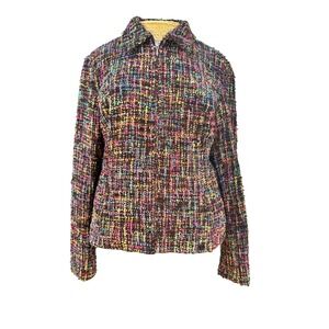 Coldwater Creek Tweed Jacket Womens Multicolor Rainbow Zip Front Collared Blazer